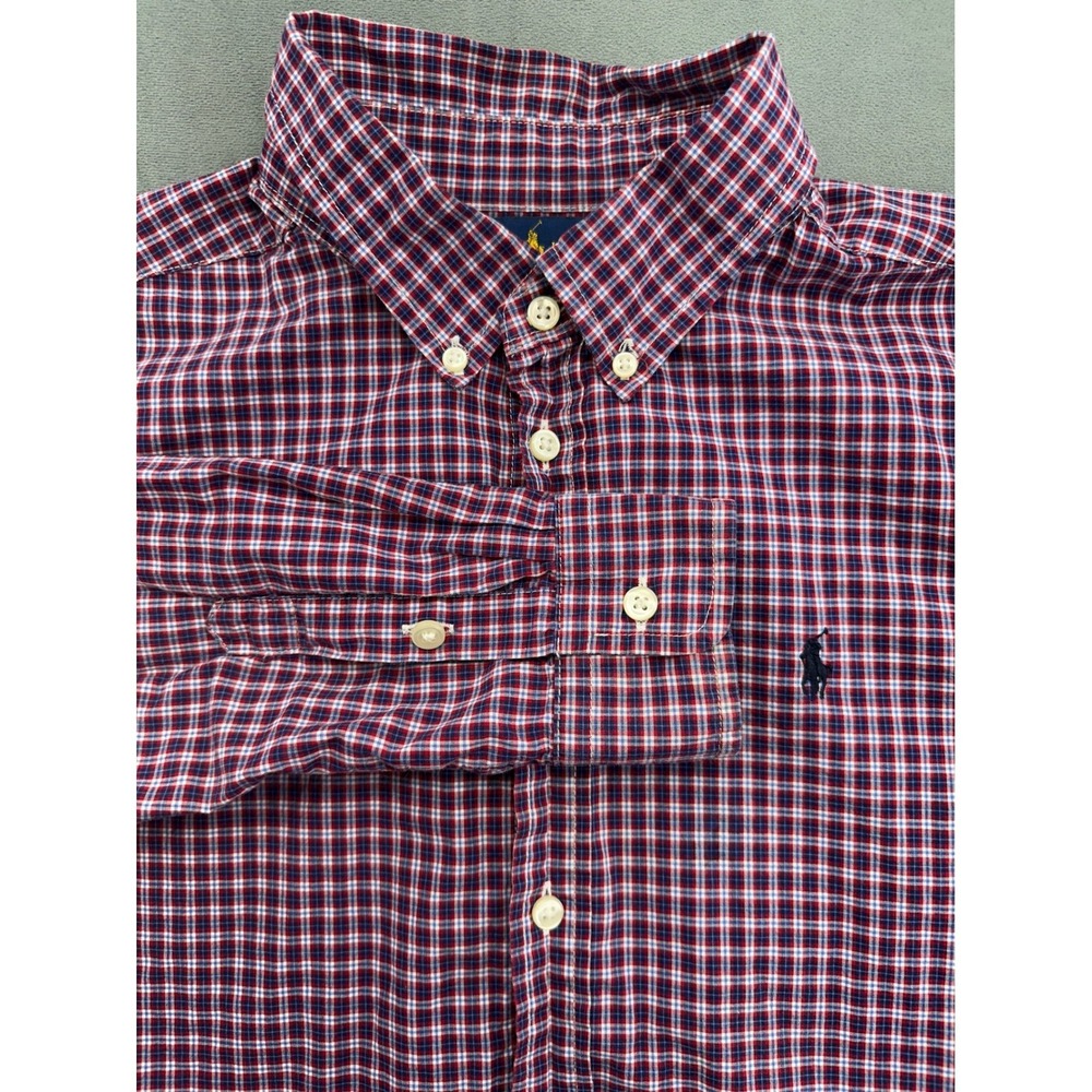 Ralph Lauren Boys Long Sleeve Button Down Shirt Plaid Blue Red Size L 14 16